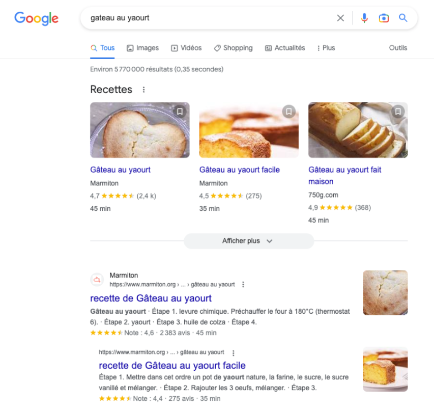 Rich Snippet - onglet recette - SERP Google - Avis Vérifiés - avis google