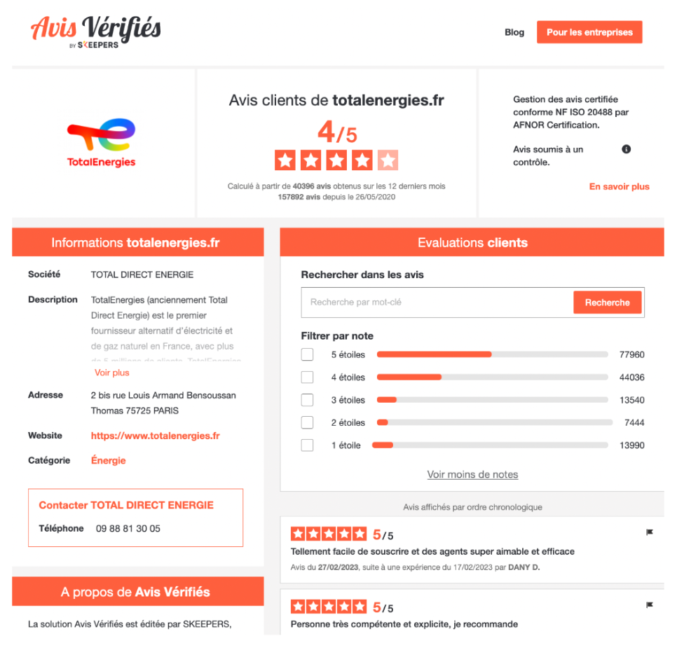 Page attestation - avis clients - Total Energies - Avis Vérifiés