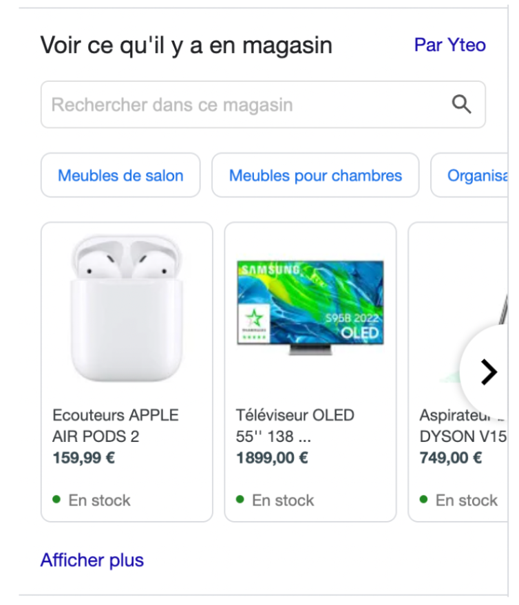 Mise en avant de produits sur la fiche Google Business Profile d'un établissement.