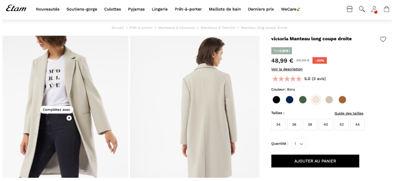 Fiche produit - manteau long - marque ETAM- Avis Vérifiés