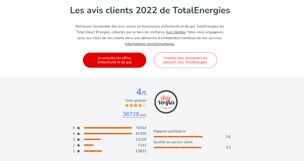 Page avis clients - Total Energies