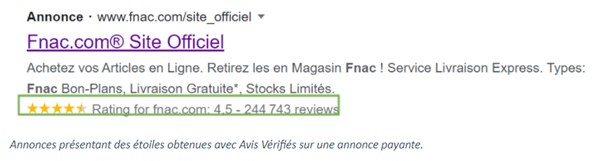 Annonces présentant des étoiles obtenues avec Avis Vérifiés sur une annonce payante