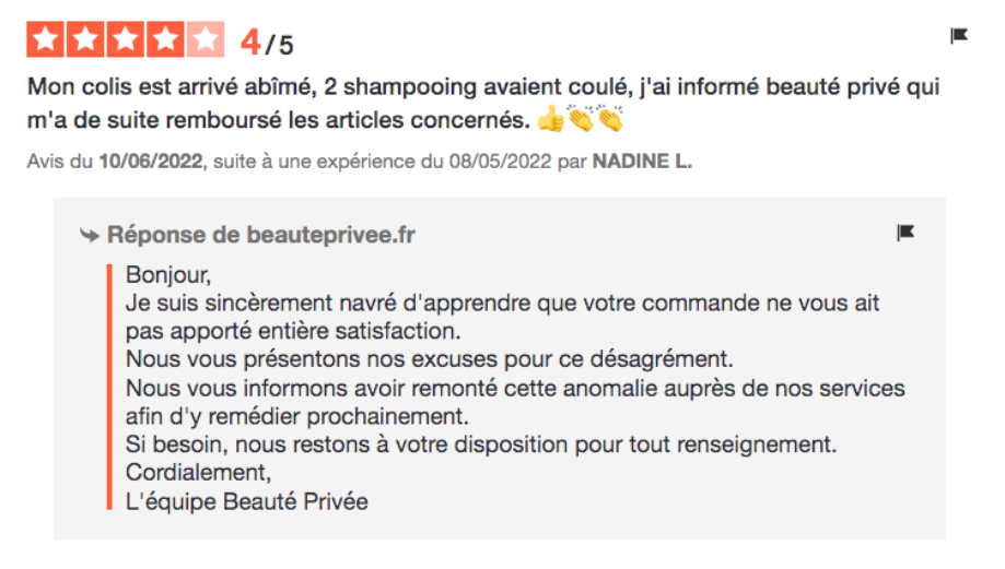Réponse avis client - beauté privée - marketing conversationnel - avis vérifiés