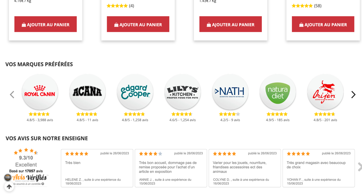 Exemple d’avis clients - page d’accueil d’Animalis - arnaque faux sites d'achats - avis vérifiés