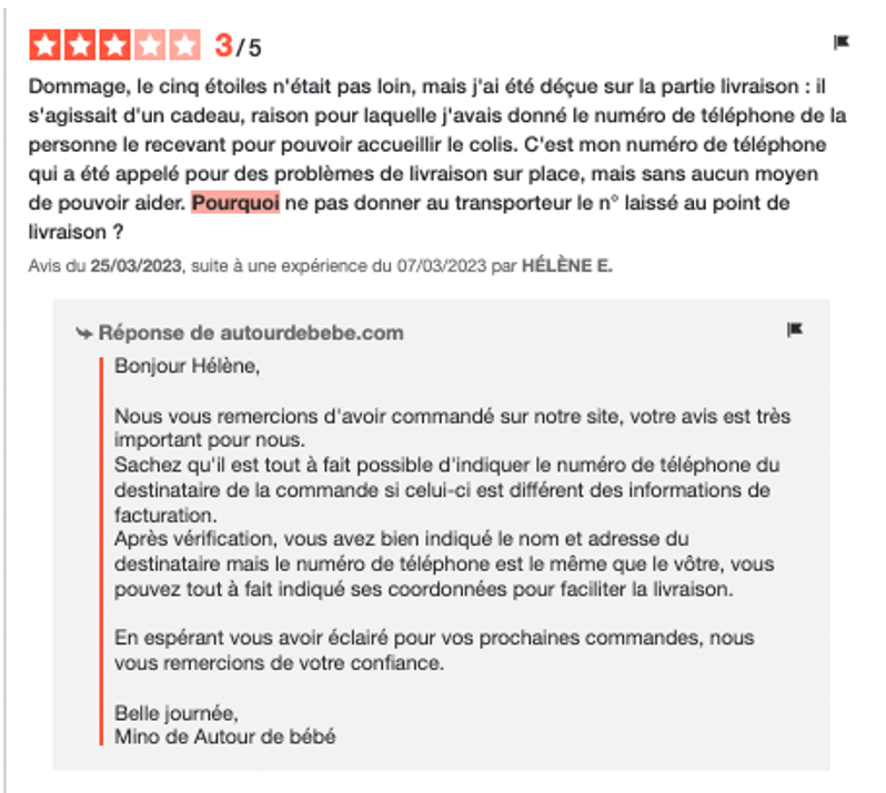 reponse avis client - marque autour de bebe - avis verifies - avis en ligne