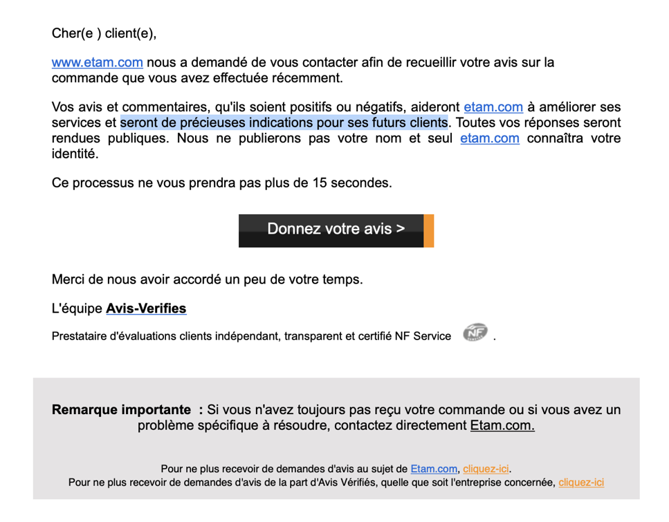 Email d'incitation - avis client - expérience - marque Etam - Avis Vérifiés