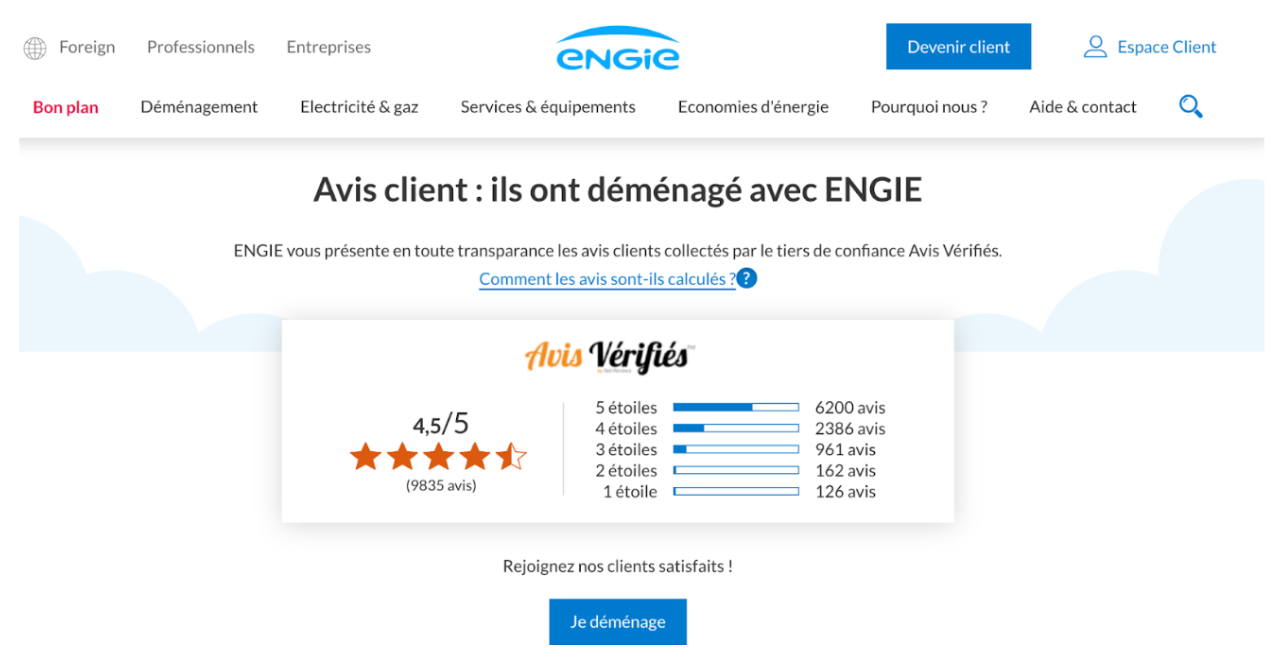 Page site web - entreprise Engie - avis clients - Avis Vérifiés.