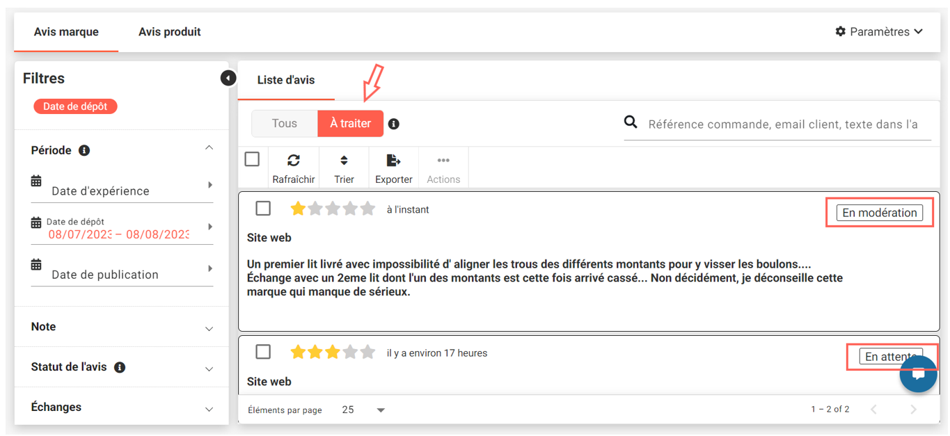 Fonctionnallité Avis Vérifiés - gestion avis clients négatifs - de facon prioritaire - modérer avis négatifs