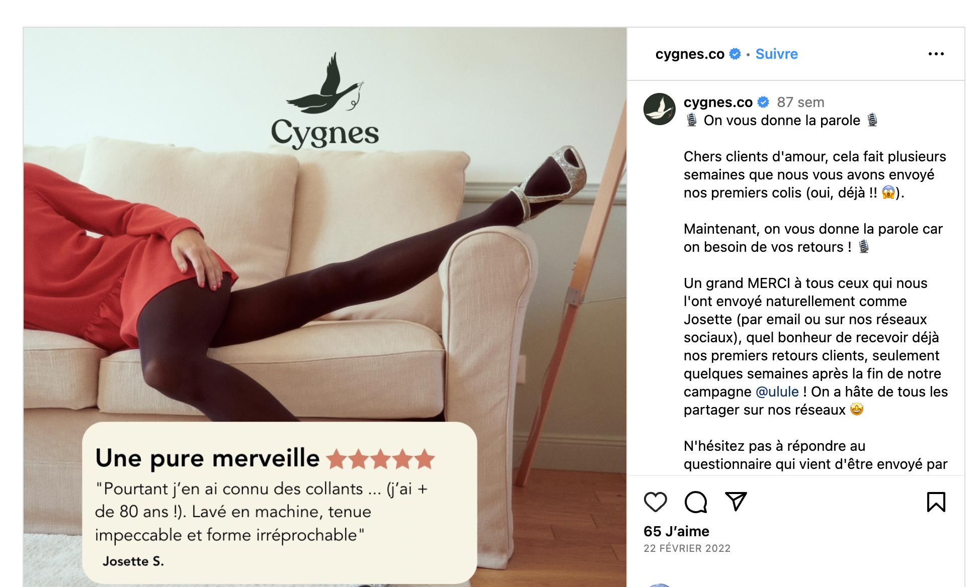 Avis client - compte Instagram - marque Cygnes.co