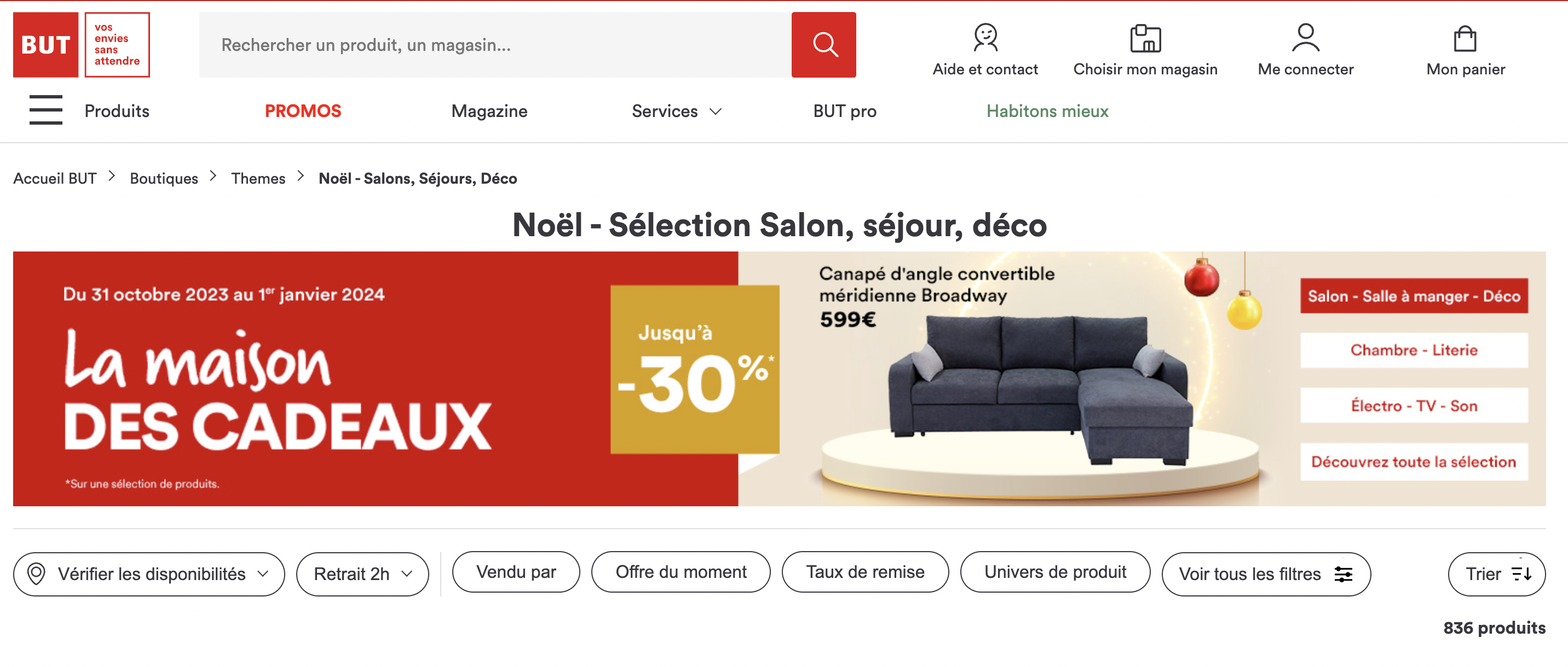 Promotions spéciales Noël mises en avant sur le site web de la marque BUT