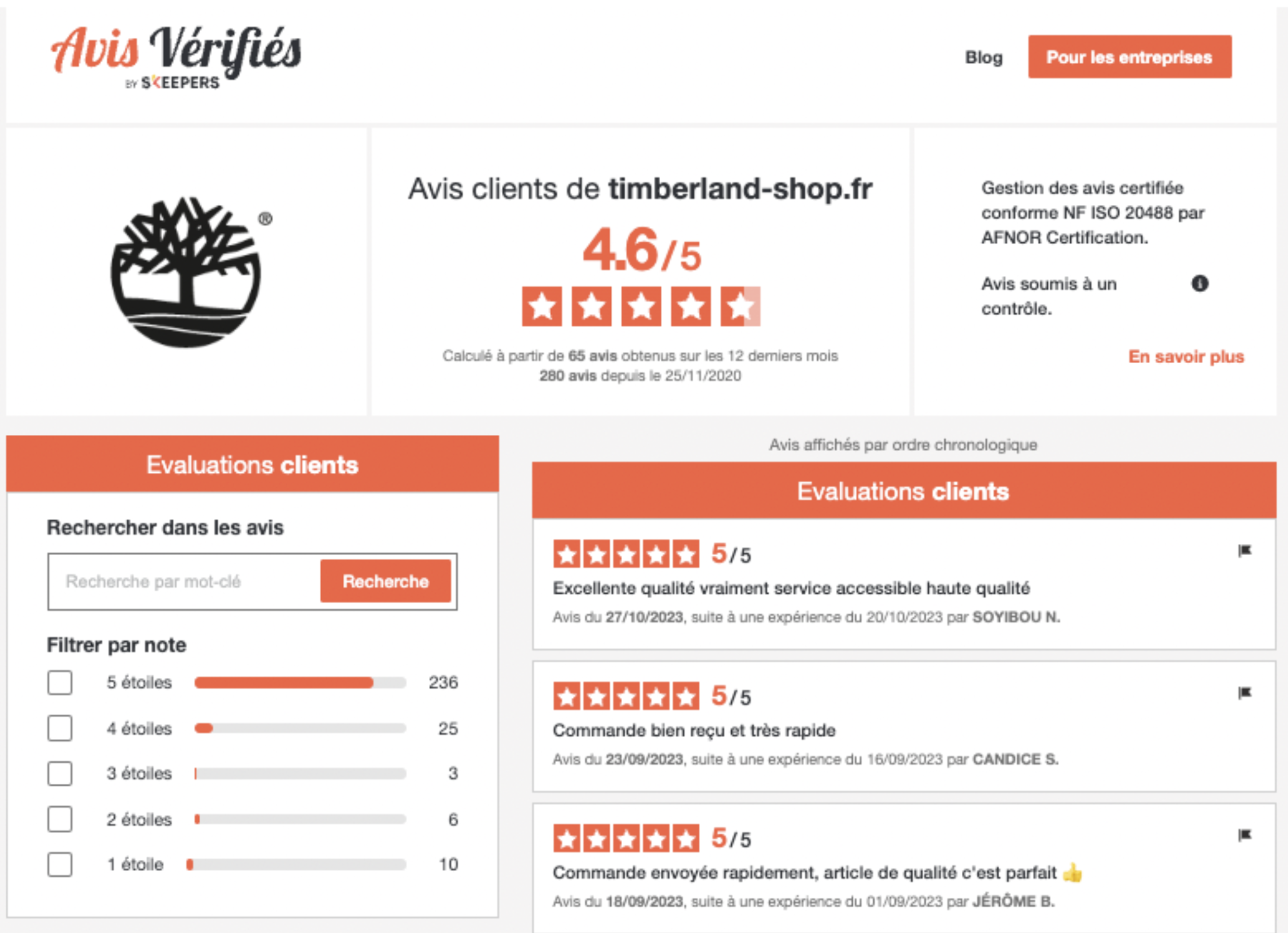 Page attestation des avis clients de la marque Timberland - user generated content