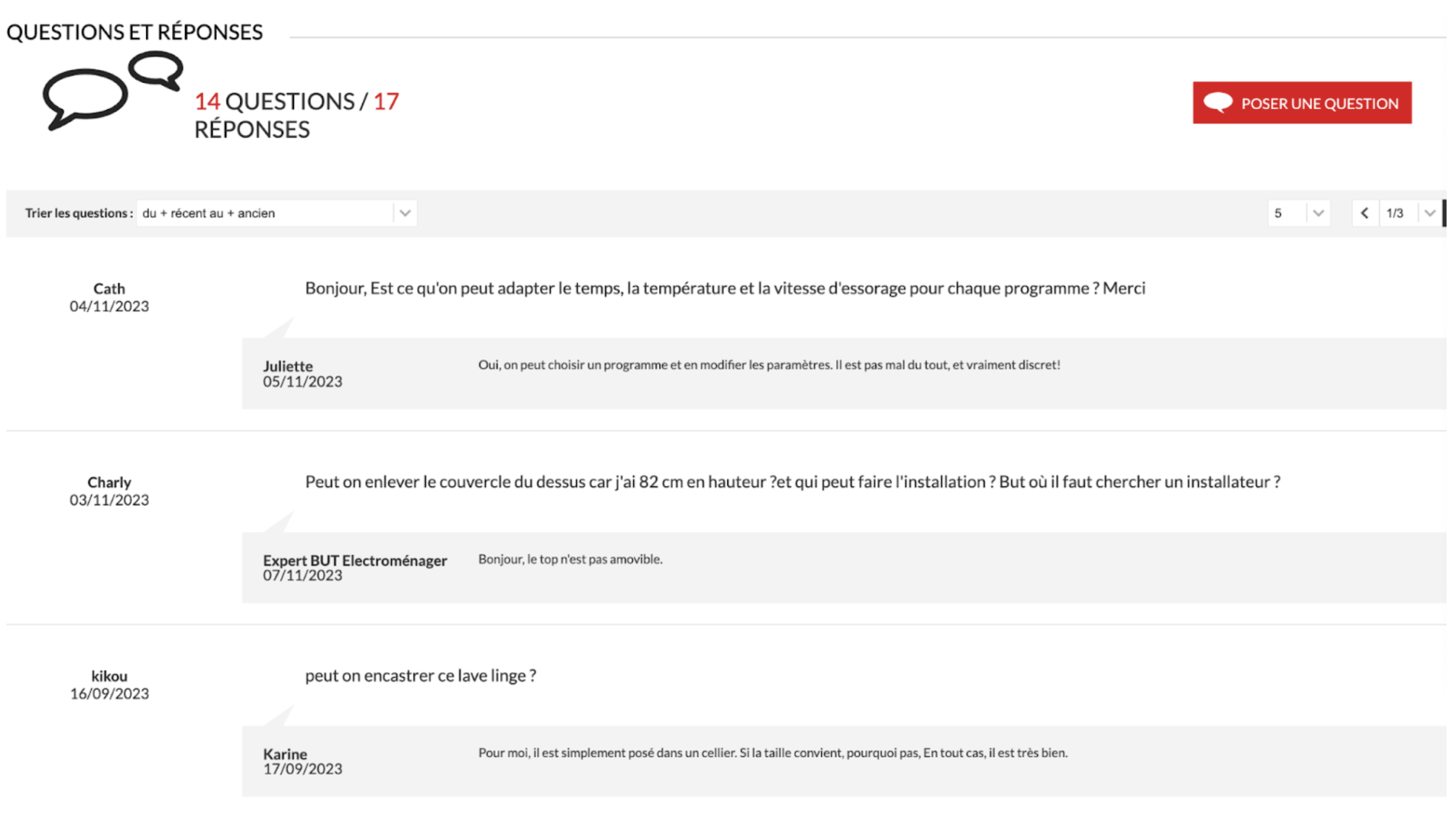 Outil Questions & Réponses disponible sur une page produit de la marque BUT