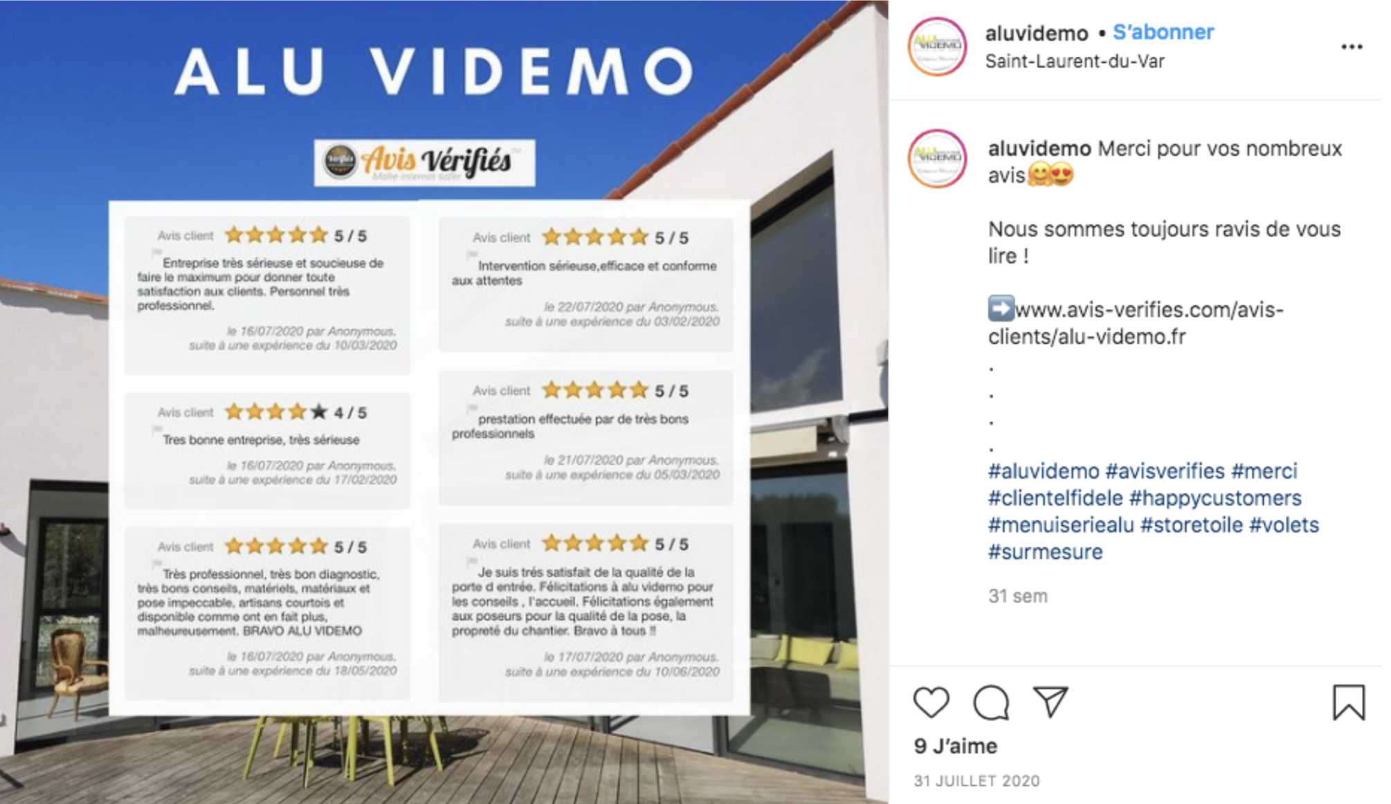 Publication Instagram de la marque Alu Videmo contenant de nombreux avis authentiques de la part de ses clients