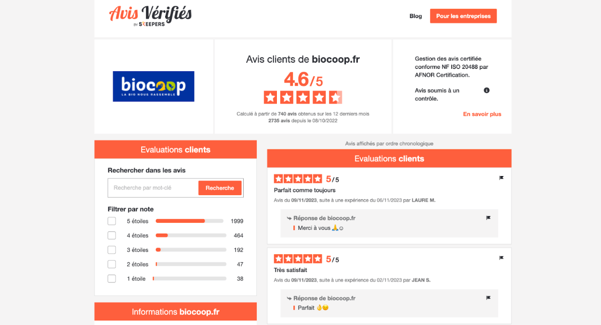 Page attestation des avis clients authentiques de la marque Biocoop. Avis Vérifiés - e-réputation