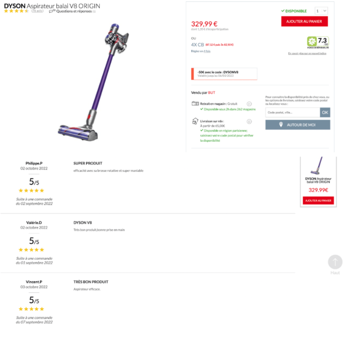 Avis clients sur une fiche produit du site web BUT. Avis Vérifiés