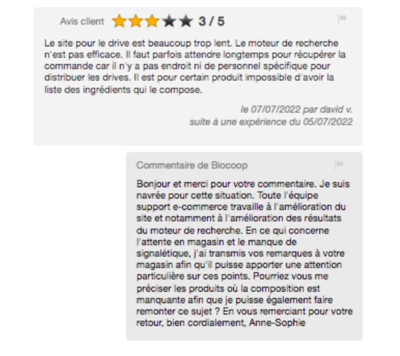 Exemple de bonne pratique pour répondre à un avis clients