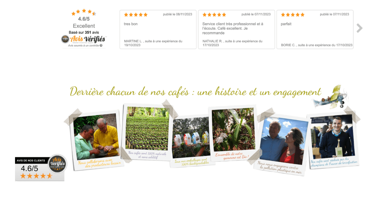 Carrousel d'avis déposés par les clients de la marque, accompagné d'un widget donnant la note globale de la marque, laissée par ses client. Avis Vérifiés - e-réputation - recession