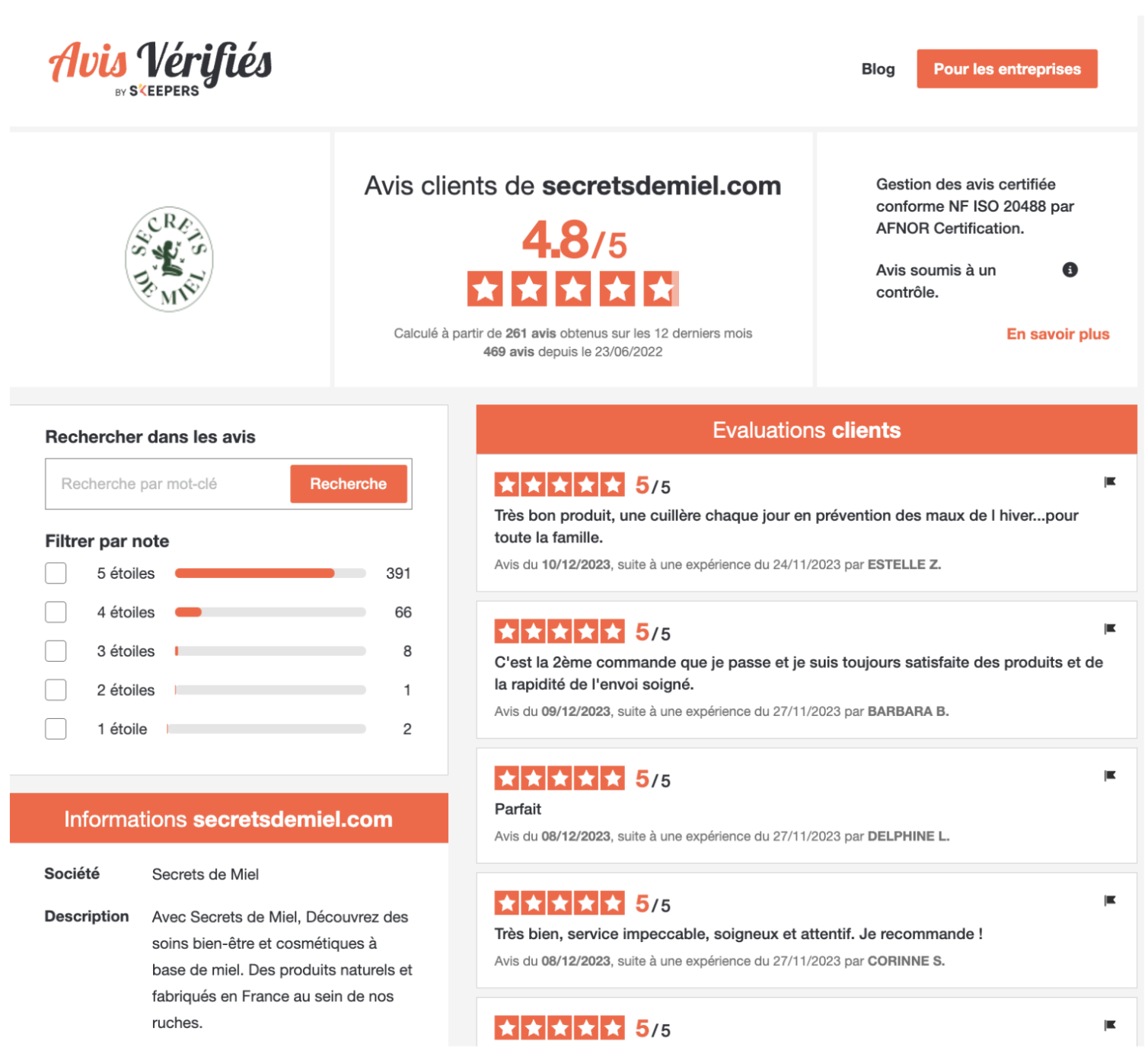 Exemple - avis clients - marque Secrets de Miel - page attestation