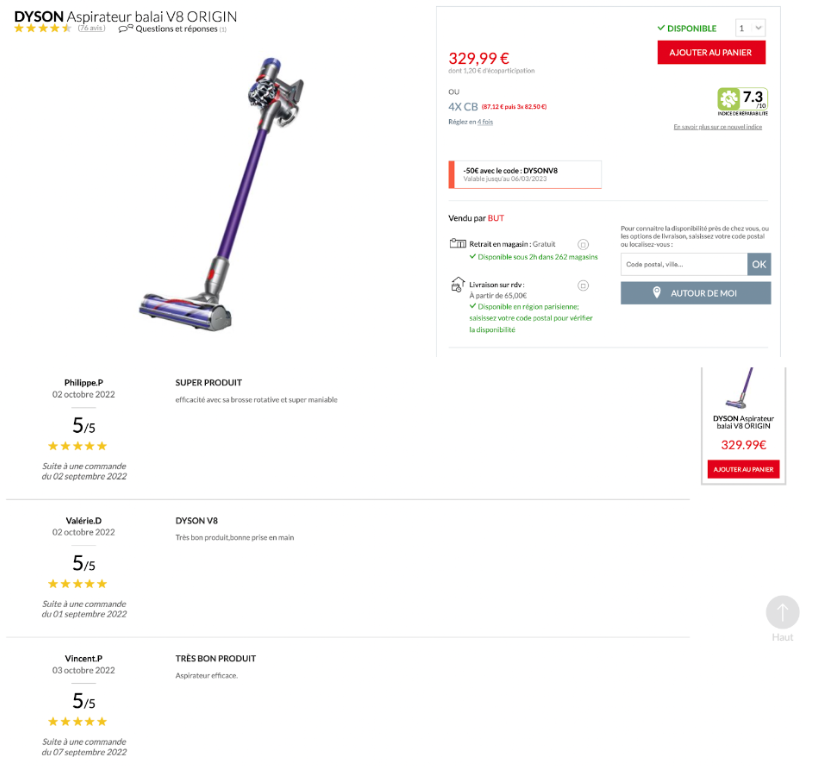 Page produit - aspirateur Dyson - avis vérifiés