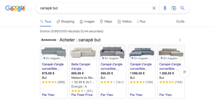 Recherche Google - "Canapé But" - Résultats Google Shopping - Avis Vérifiés
