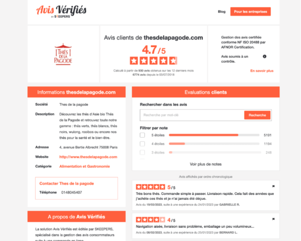 page attestation - avis clients - Thés de la Pagode - Avis Vérifiés