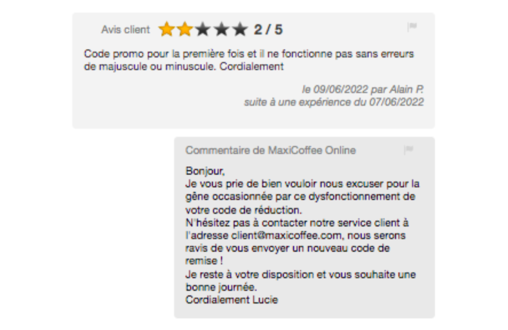 Réponse avis consommateurs - marque Maxi Coffee - Avis Vérifiés