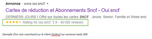Exemple d'un avis marchand sur le client OuiSncf sur annonce texte SEA