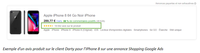 Exemple d'un avis produit sur le client Darty pour l'IPhone 8 sur une annonce Shopping Google Ads