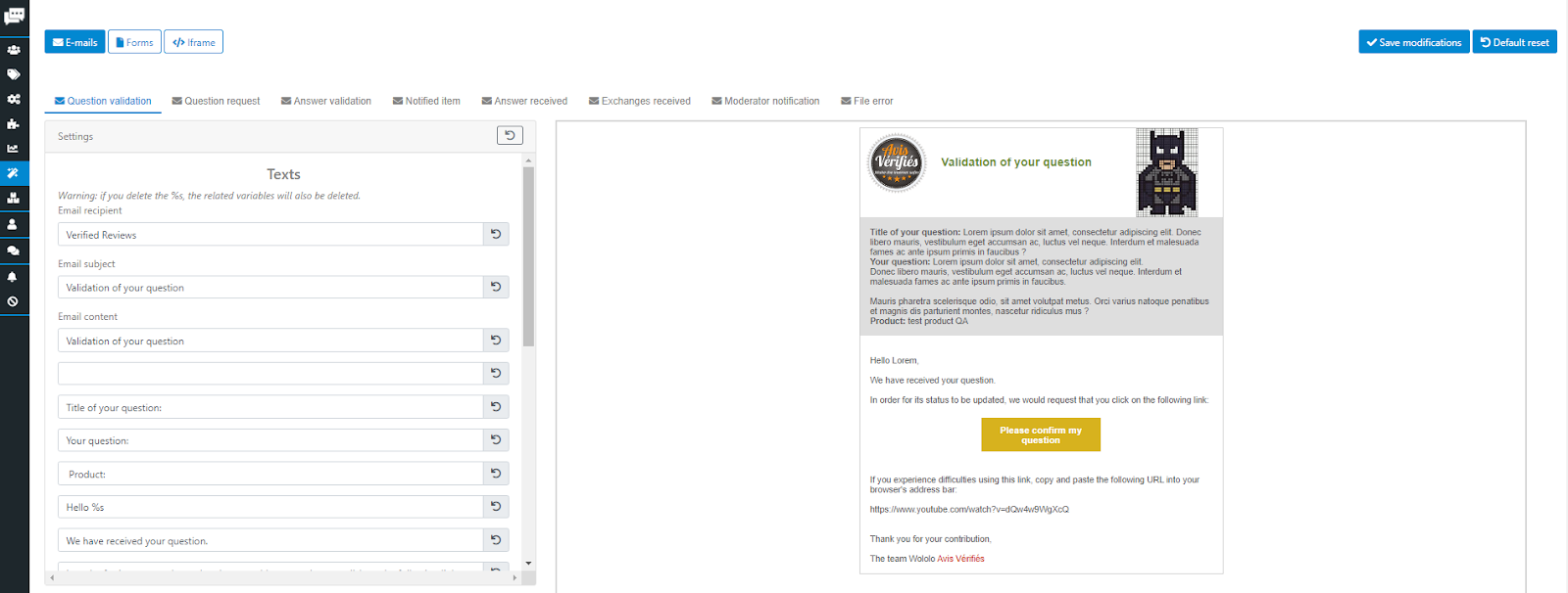 Onglet Personnalisation de l’outil Q&A