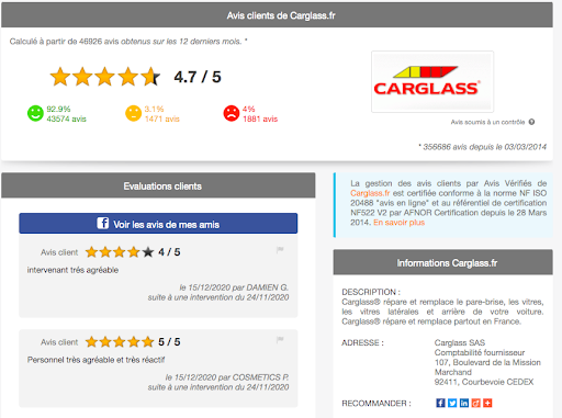 Page Avis vérifiés Carglass