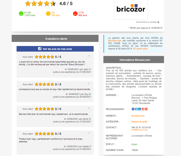 Page attestation avis vérifiés Bricozor