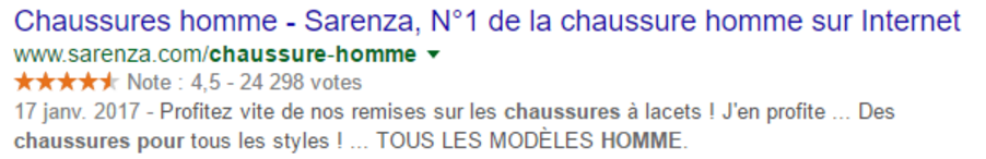 Un extrait enrichi de Sarenza, visible lors de la recherche “chaussures homme”