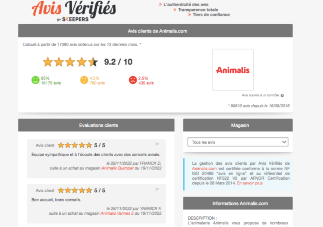page attestation - avis clients - animalis - avis vérifiés