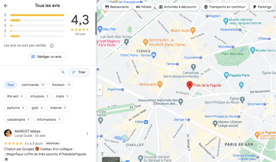 Avis clients apparaissant sur Google Maps