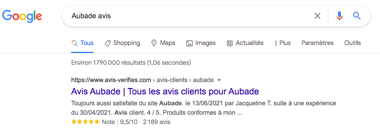 résultat google page avis vérifiés Aubade